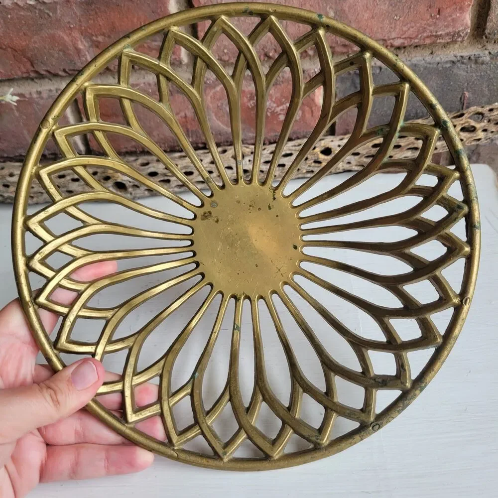 RARE Mid Century Solid Brass Openwork Lotus Bowl Tray